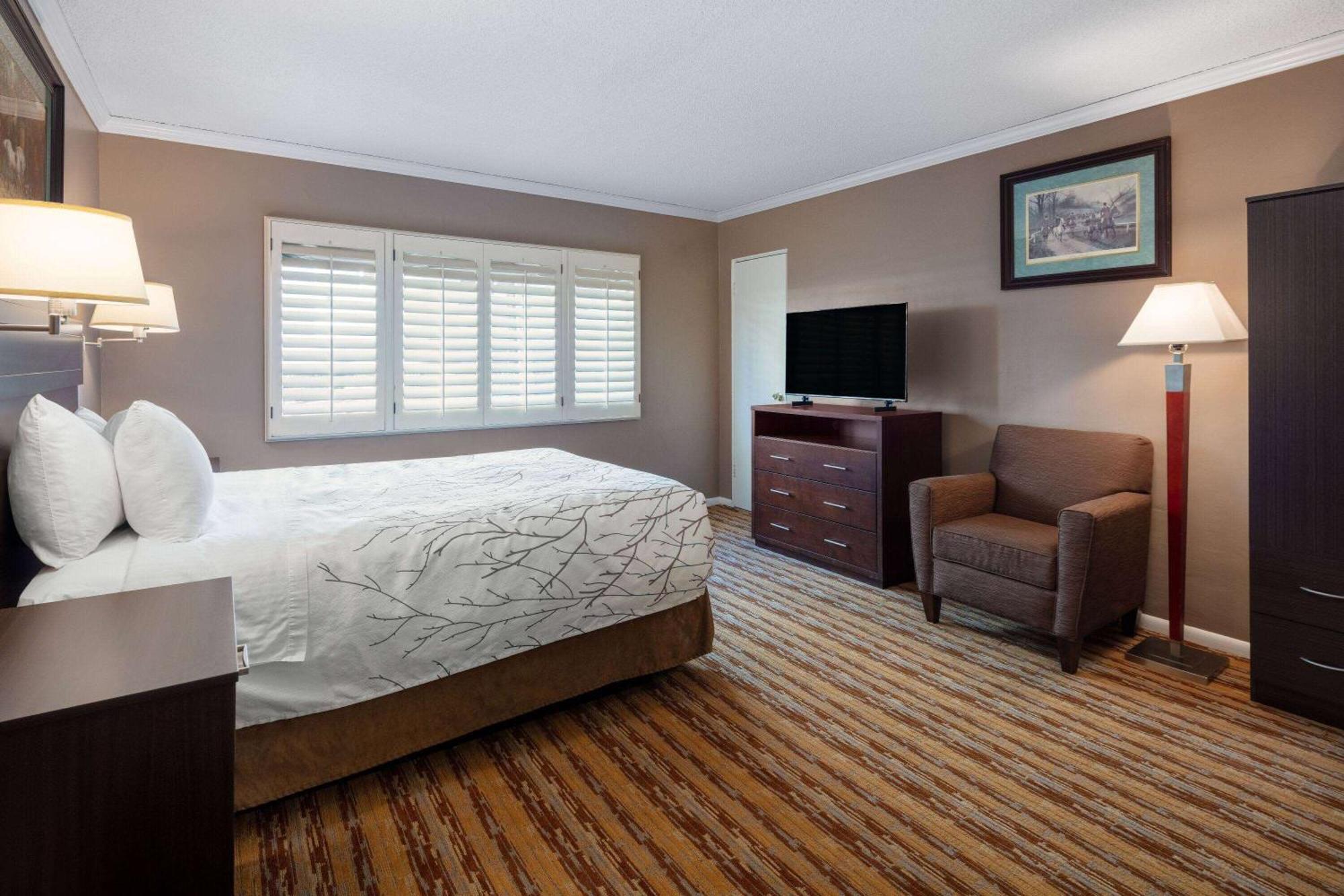 Nichtraucher Suite mit Kingsize-Bett und Blick auf die Stadt.